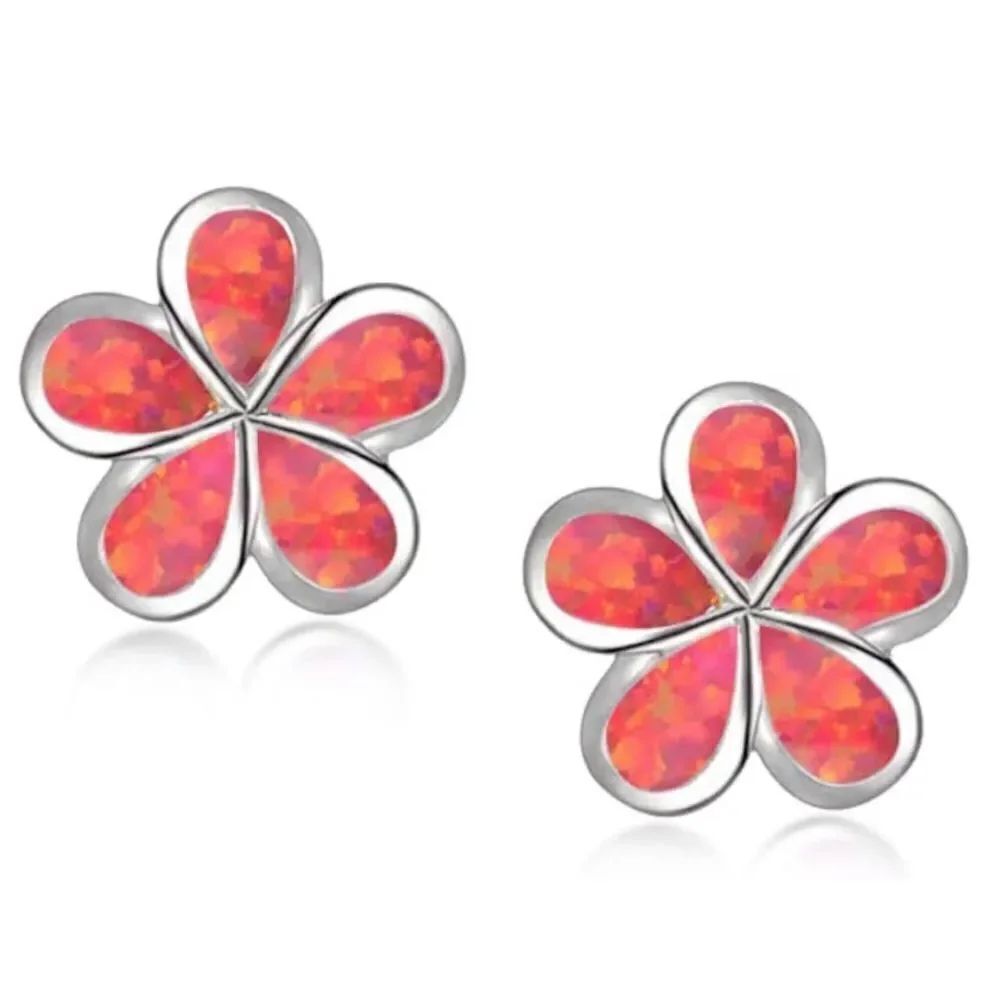 18K White Gold with Genuine Red Fire Opal Flower Post Back Stud Earrings
